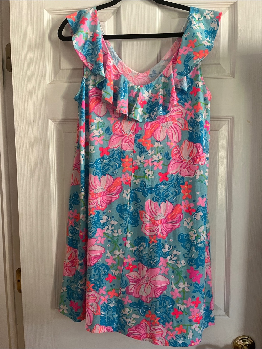 Lilly Pulitzer Aqua Dress with Pink Floral Ruffles - Picture 2 of 7